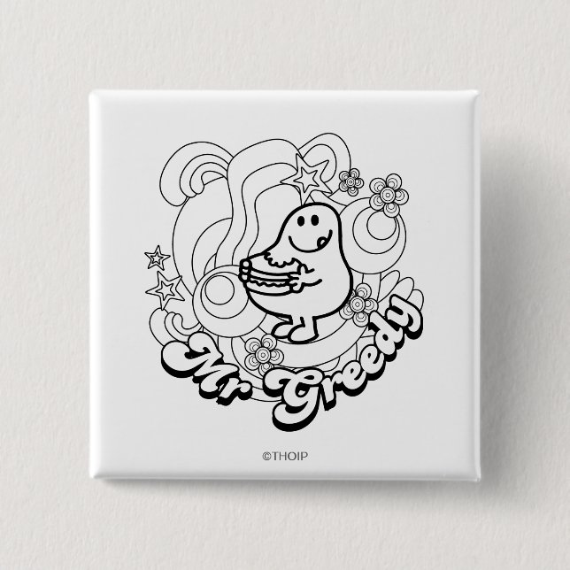 Mr. Greedy | Black & White Swirls & Stars 2 Inch Square Button (Front)