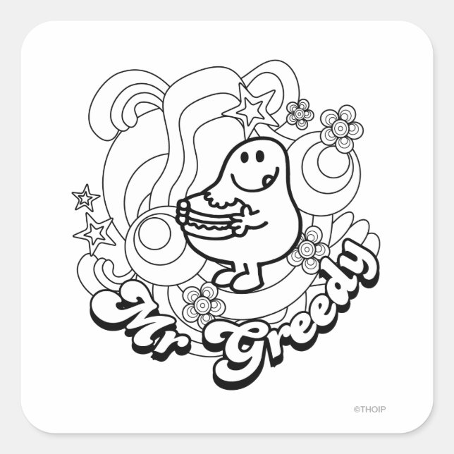 Mr. Greedy | Black & White Swirls & Stars Square Sticker (Front)
