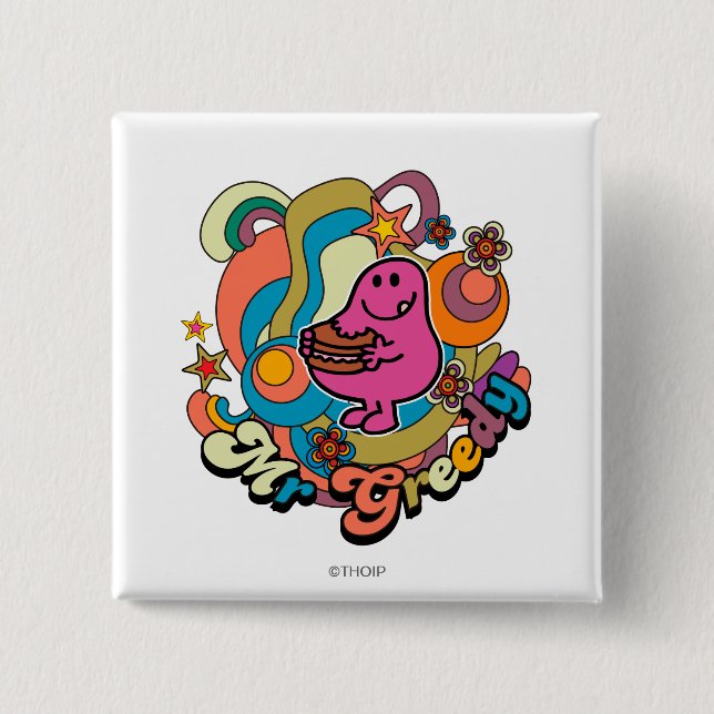 Mr. Greedy | Colourful Swirls & Stars 2 Inch Square Button (Front)