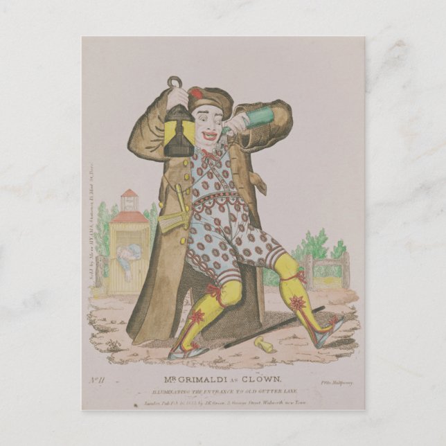 Mr Grimaldi as Clown, illuminating the Postcard (Front)