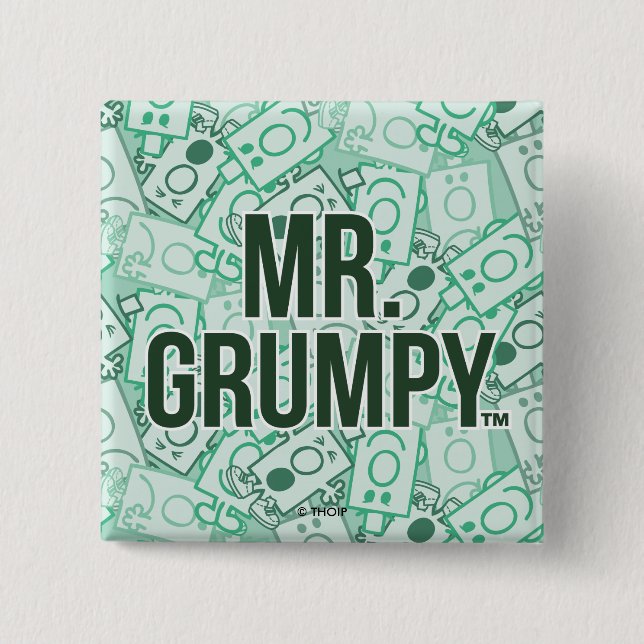 Mr Grumpy | Green Name and Character Toss Pattern 2 Inch Square Button (Front)