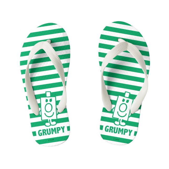 Mr Grumpy | Mischievous Grin and Green Stripes Kid's Flip Flops (Footbed)