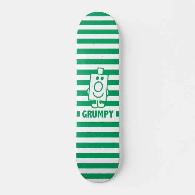 Mr Grumpy | Mischievous Grin and Green Stripes Skateboard (Front)