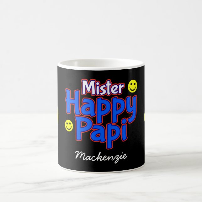 Mr Happy Papi with Smile Emojis and Name on BLACK Coffee Mug (Center)