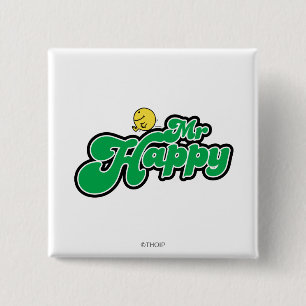 Mr. Happy Sliding Down Green Lettering 2 Inch Square Button
