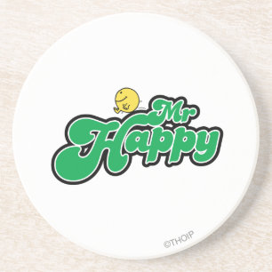 Mr. Happy Sliding Down Green Lettering Coaster
