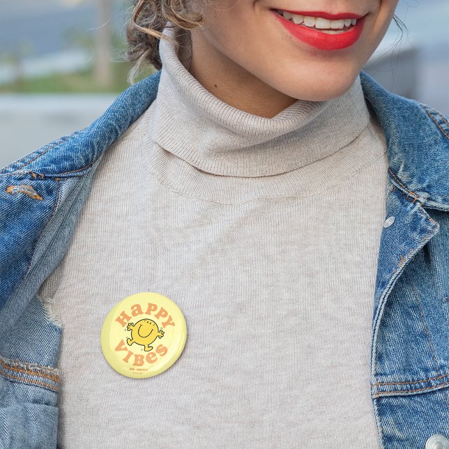Mr. Happy Vibes 2 Inch Round Button (Person wearing button)