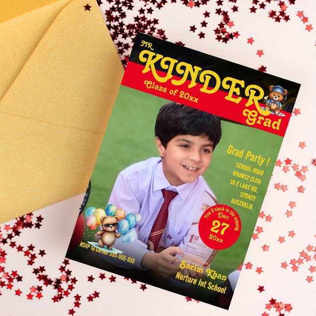 Mr kinder grad cute bear photo Magazine Cover  Invitation (Creator Uploaded)