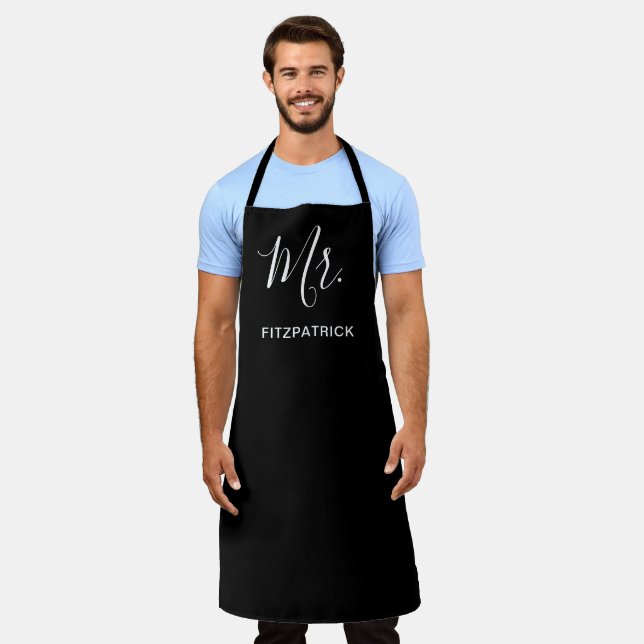 Mr Last Name Black Simple Wedding Newlywed Groom Apron (Worn)