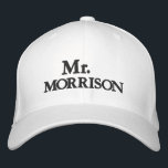 Mr. Last Name black white personalized custom Embroidered Hat<br><div class="desc">Chic Mr. Last Name black and white personalized custom name wedding Embroidered Baseball Cap.
Available in many colours and options.</div>
