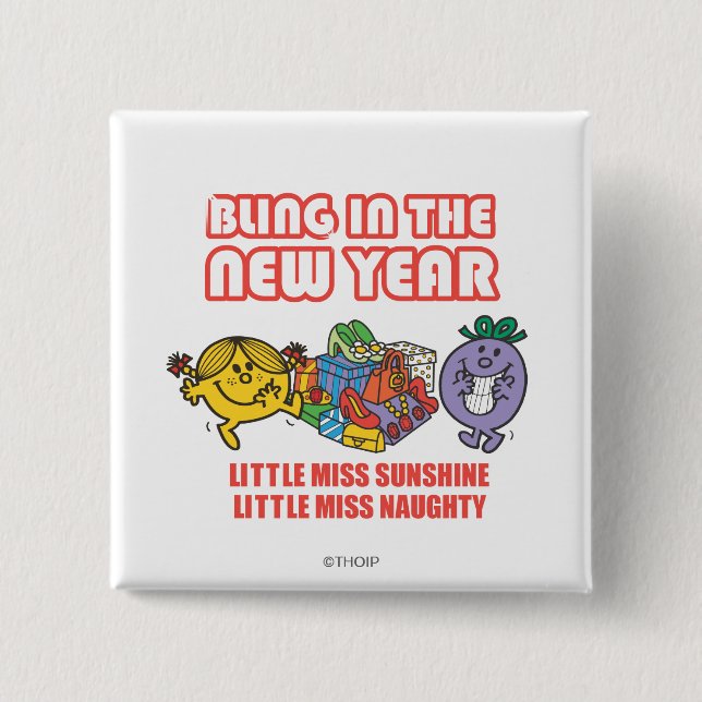 Mr. Men Little Miss Bling in the New Year 2 Inch Square Button (Front)