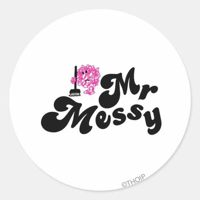 Mr. Messy | Cleaning With Broom Classic Round Sticker (Front)