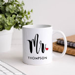 Mr Modern Black Script Personalized Wedding Coffee Mug<br><div class="desc">Custom coffee mug features Mr in modern black script with cute red heart accent and your married last name. Perfect gift for a groom-to-be,  for a newlywed couple,  or to give your sweetie on Valentine's Day! Visit our store or collection below for the Mrs Mug that coordinates.</div>