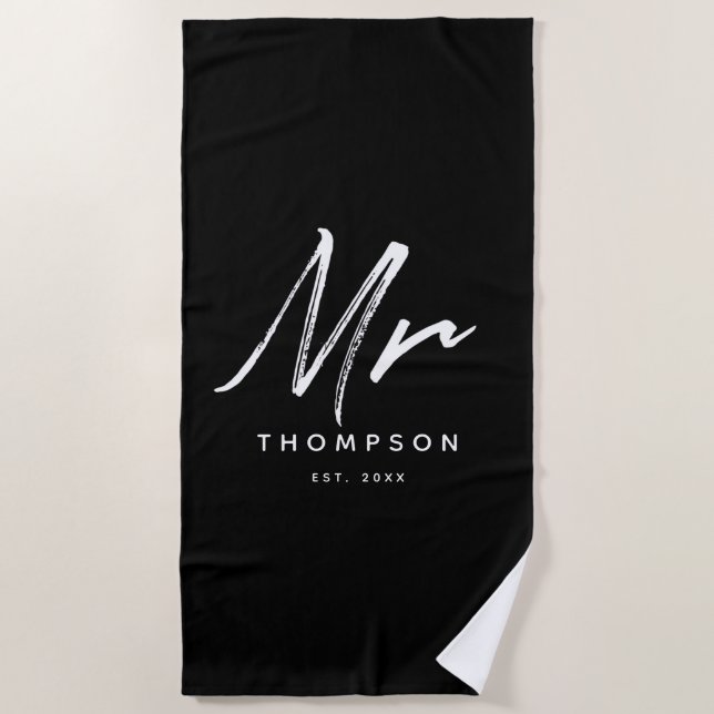 Mr. Modern Black White Minimalist Script  Beach Towel (Front)
