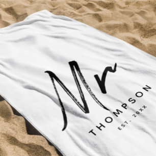 Mr. Modern Black White Minimalist Script   Beach Towel