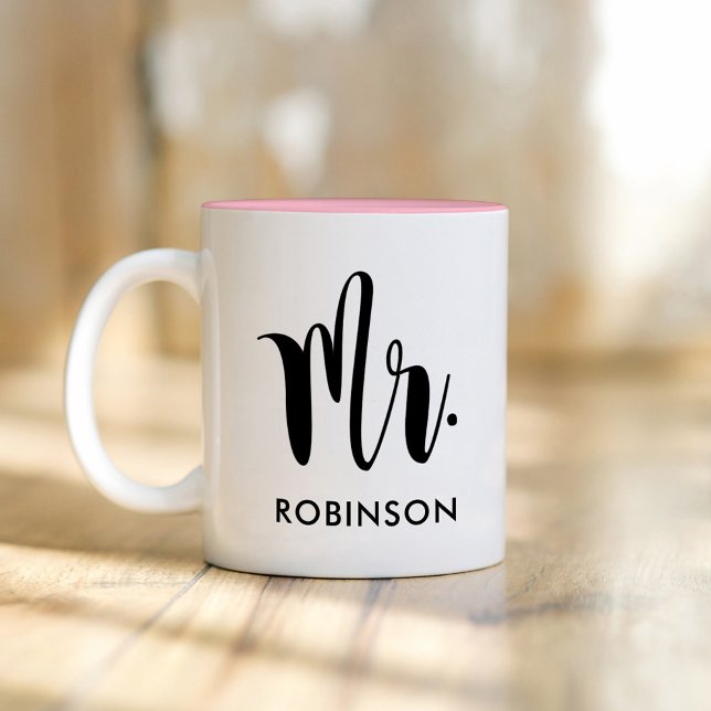 Mr. Modern Script Monogram Wedding Two-Tone Coffee Mug (Creator Uploaded)