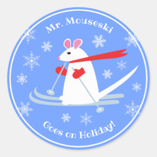 Mr. Mouski Goes on Holiday White Mouse on Skis Classic Round Sticker