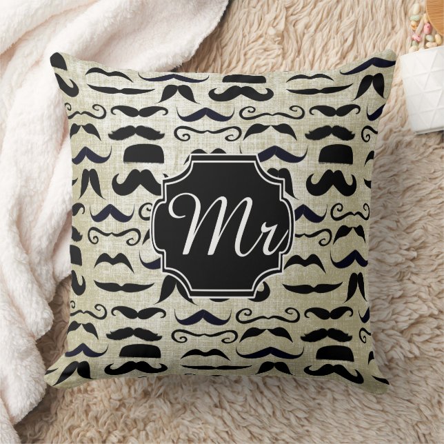 Mr. Moustache Hipster Pattern Throw Pillow (Blanket)