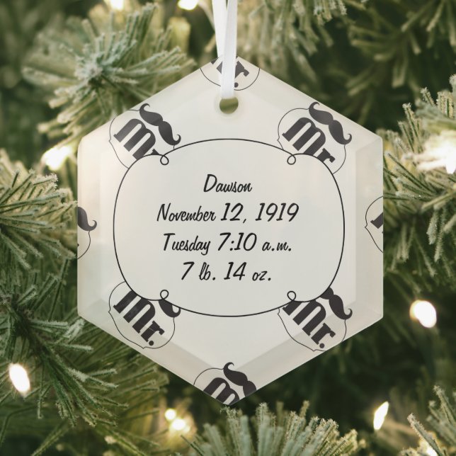Mr. Moustache Lil Man Baby Boy Stats Glass Ornament (Insitu)