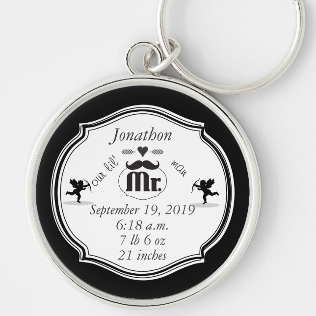 Mr. Moustache Lil Man Baby Boy Stats Keychain (Front)
