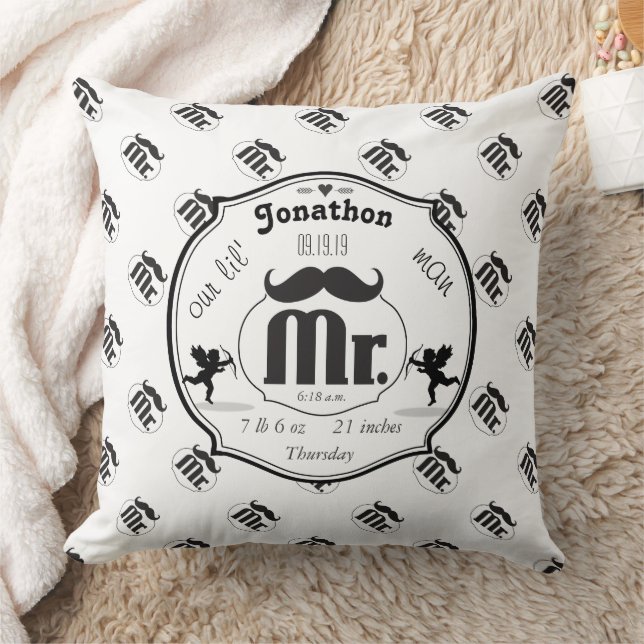 Mr. Moustache Lil Man Baby Boy Stats Throw Pillow (Blanket)