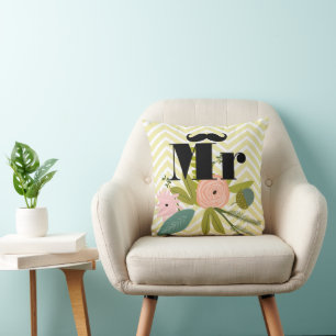 Mr Moustache Pale Yellow White Teal Zig Zag Throw Pillow