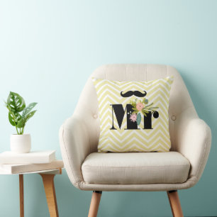 Mr Moustache Pale Yellow White Teal Zig Zag Throw Pillow