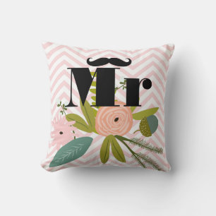 Mr Moustache Pale Yellow White Teal Zig Zag Throw Pillow