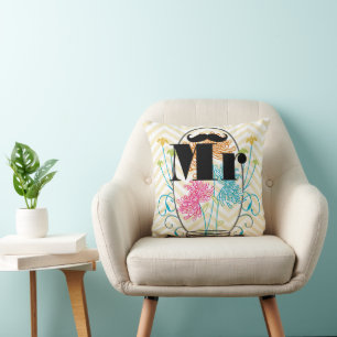 Mr Moustache Pale Yellow Zig Zag Mason Jar Throw Pillow