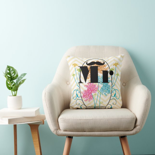 Mr Moustache Pale Yellow Zig Zag Mason Jar Throw Pillow (Chair)