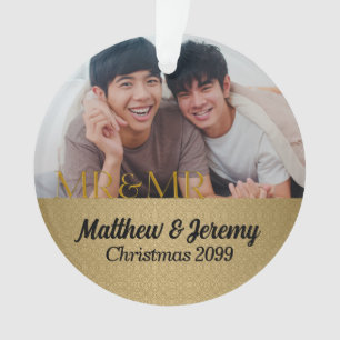 Mr & Mr 1st Christmas Gold Damask Photo