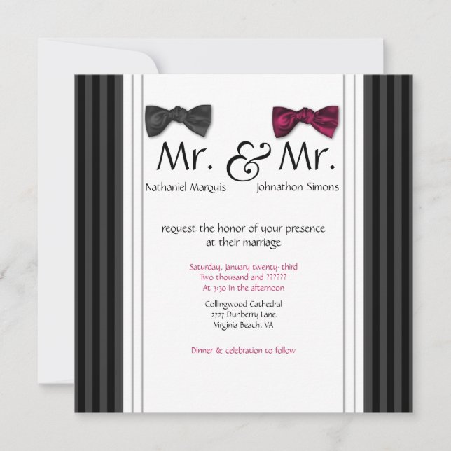 Mr. & Mr. Bow Ties & Pin Striped Wedding Invite (Front)