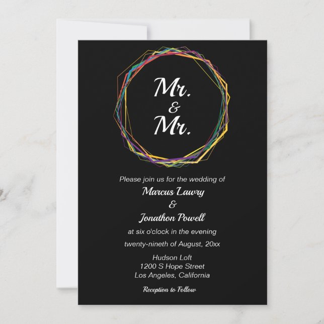 Mr. & Mr. Gay Wedding Invitation Rainbow Black (Front)