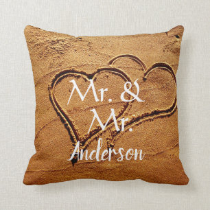 Mr. & Mr. name two hearts in sand gay wedding Throw Pillow