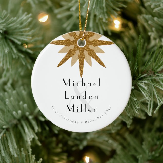 Mr + Mr Newlywed 1st Christmas Art Deco Snowflake Ceramic Ornament (Tree)