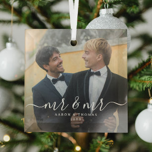 Mr & Mr Newlyweds Photo Christmas Script Glass Ornament