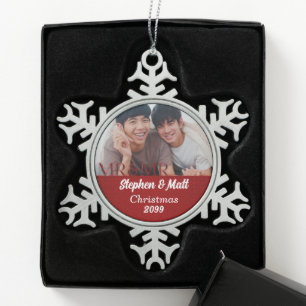 Mr. & Mr. Red Gay Marriage Christmas Photo Snowflake Pewter Christmas Ornament