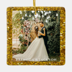 Mr. Mrs. 1 Photo Collage First Christmas  golden Ceramic Ornament