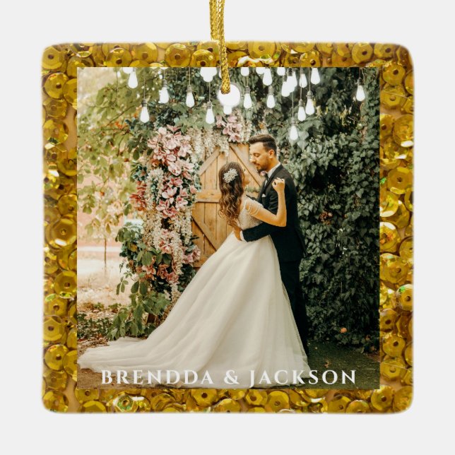 Mr. Mrs. 1 Photo Collage First Christmas  golden Ceramic Ornament (Front)