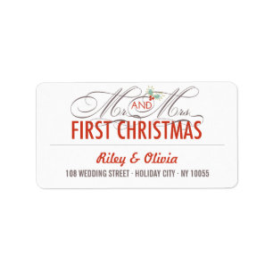 Mr & Mrs 1st Christmas Mistletoes Holiday Wedding Label