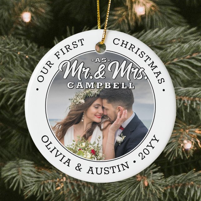 Mr & Mrs 2 Photo Newlyweds 1st Xmas Black & White Ceramic Ornament (Creator Uploaded)