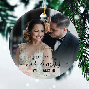 Mr & Mrs 2 Photos Our 1st Christmas Calligraphy Ceramic Ornament
