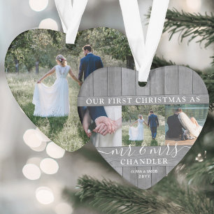 Mr & Mrs 4 Photo First Christmas Grey Faux Wood Ornament