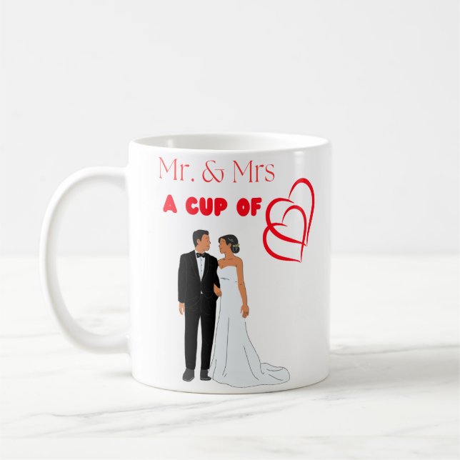 'Mr & Mrs A Cup Of Love' Two Red Heart design Mug  (Left)