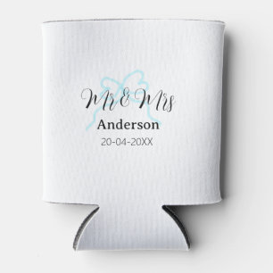 Mr & Mrs add family name date year wedding bow Can Cooler