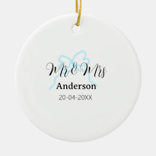Mr & Mrs add family name date year wedding bow Ceramic Ornament