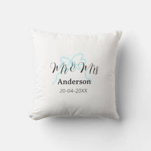 Mr & Mrs add family name date year wedding bow Throw Pillow