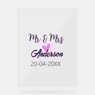 Mr & Mrs add family name date year wedding favour Acrylic Sign