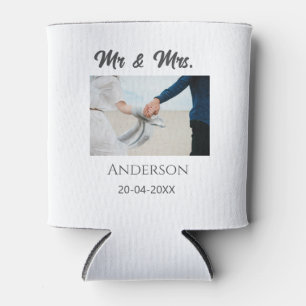Mr & Mrs add family name date year wedding favour  Can Cooler