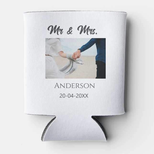 Mr & Mrs add family name date year wedding favour  Can Cooler (Front)